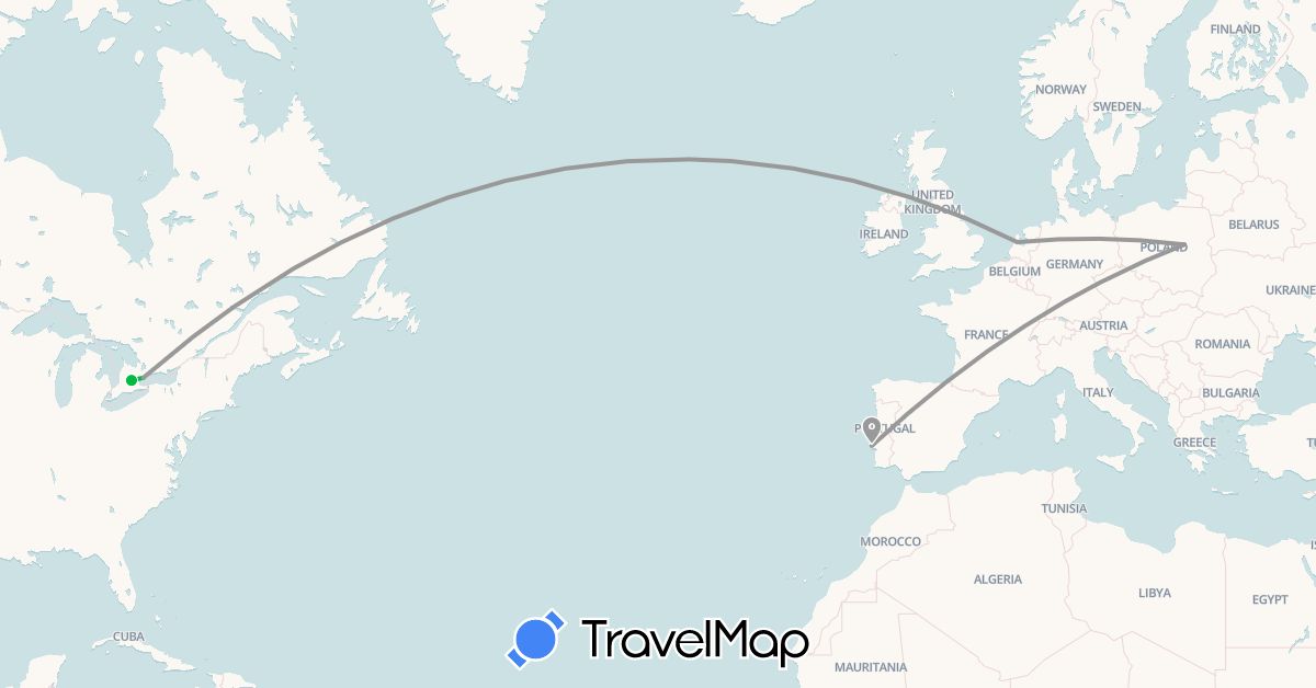 TravelMap itinerary: driving, bus, plane in Canada, Netherlands, Poland, Portugal (Europe, North America)